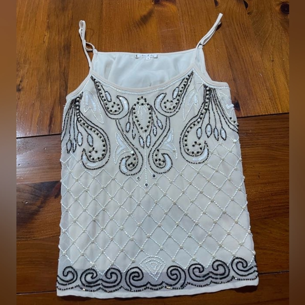 Willow & Clay Cream and Black Embellished Beaded Sleeveless Blouse Tank Top Sm